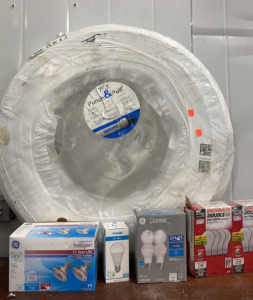 (1) Halogen 2 Bulb Multi Pack 53 W Light Bulbs, (2) Boxes of Sulvania Double Life Soft White Halogen 100 W Light Bulbs, and more Light Bulbs (1) 70&rsquo;+Uponer Punch and Pull Hose