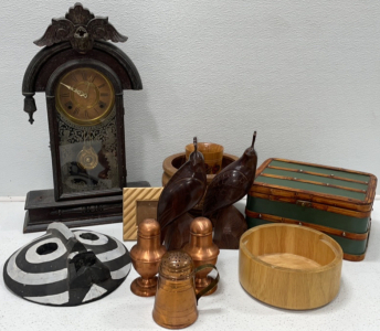 Clock, Large Wood Bowl, (2) Wood Birds, Wood Mask, Picnic Basket, Salt & Pepper Shakers, Picture Frame, And More!