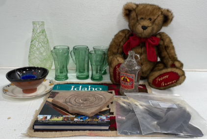 Coca-Cola* Glasses, Green Vase, Teddy Bear From Iowa, Feathers, Idaho Homes Book, And More!