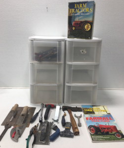 (2) Plastic Drawers, Assorted Tools , (3) Farm Tractor Books