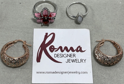 (1) Pair Roma Copper Toned Earings, (1) Ruby Floral .925 Ladies Ring Size 7, (1) Moonstone Gemstone Ladies Ring Size 8