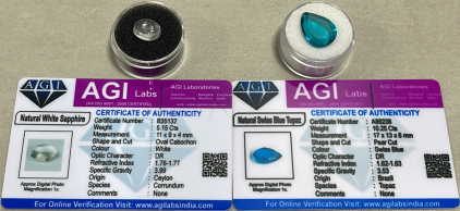 (1) 10.25ct Naturual Swiss Blue Topaz Pear Cut And Faceted, (1) 5.15ct Natural White Sapphire Oval Cut And Polished W/ COA