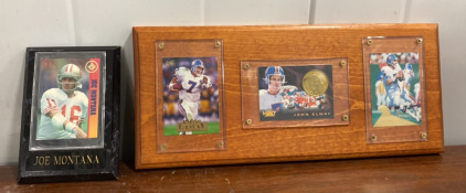 (1) Single Cased Display Joe Montana Card, (1) Triple Trio John Elway Display