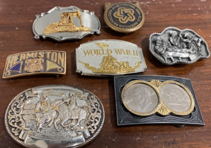 (1) Silver Crane Belt Buckle, (1) Herminston Bulldog Belt Buckle, (1) World war ll Belt Buckle, and more