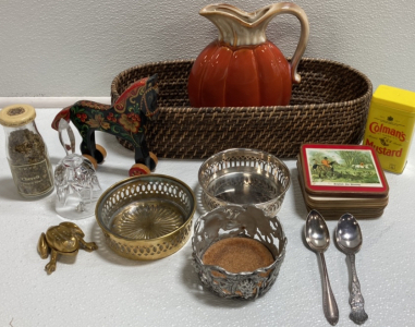 Decor Basket, Coasters, Wood Horse, Chervil, Gold Tone Frog, Silver Spoons, Colman&rsquo;s Mustard Containers and more