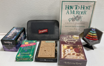 (7) Assorted Family Games: Scrabble, Mindtrap, Outburst, and More