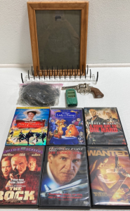 (6) DVD Movies, Picture Frame, Toy Train Tracks, Toy Gun, Brooklyn Model Toy Car, Neck Tie Rack