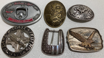 (6) Unique Belt Buckles: Bottle Opener, Floral, Cowboy, Spin the Bottle, USA Flag, Eagle