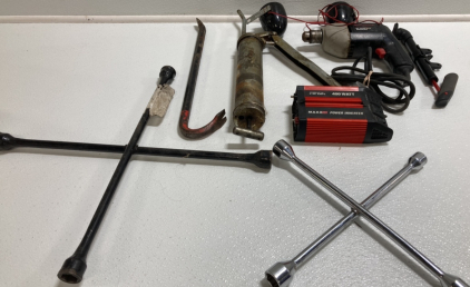 Assorted Tools: Grease Press, Reversing Drill, Tire Irons, Pry Bat, Power Inverter and more