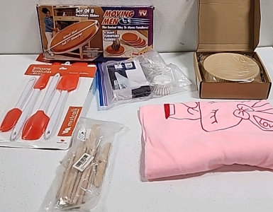 (2) Sets of Silicone Spatulas, Crepe Utinsils, Air Fryer Liners, Kids Towel, Fillable Dish Scrubber, Moving Sliders