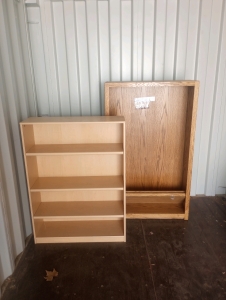 (1) 48" x 36" x 12" 5- Shelf Wood Bookcase (1) 60" x 36" x 12" Wood Shelving Unit