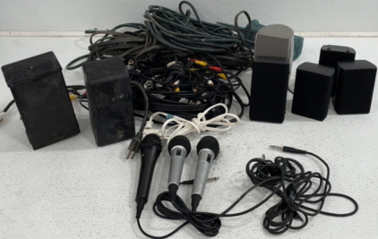 (3) Microphones, (5) Speakers, (3) Christmas light Timers, Extension Cords, And More!