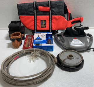 Dog Life Jacket, Massager, Rechargeable Screwdriver, Runcl Reel, Luepold Sight, Backscratcher, Camel Coozie, Lasso, (3) Weights