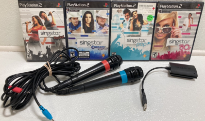(4) PlayStation 2 SingStar Games w/ (2) SingStar Mics and USB Adapter