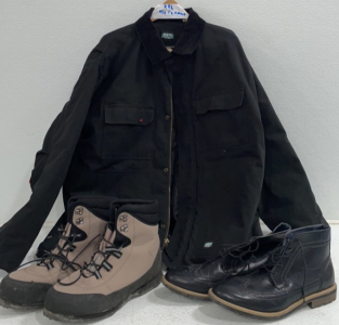 KEY* Black Work Jacket (MXXL), Caddis* Fishing Shoes (M13), Hawke&Co.* Black Leather Boots (M13)