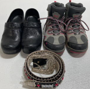 (2) Women&rsquo;s Shoes Size 5: Black Dansko Clogs, Jack Wolfskin Hiking Shoes, 45&rdquo; Bedazzled Belt
