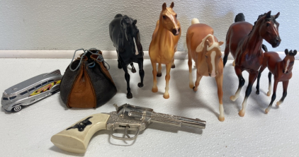 (5) Toy Horses, Bag of Marbles, Toy Gun, Hot Wheels Bus