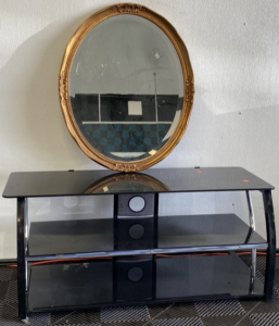 (1) Glass Black Two Tier TV Stand, (1) Bronze Mirror