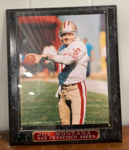 (1) Joe Montana Black and Grey Marbled Framed Photograph, (1) Black Light, (1) 18&rdquo; Towel Bar