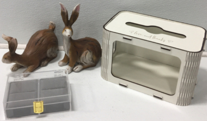 (2) Rabbit Statues, Tissue Box, Acrylic Jewerly Box