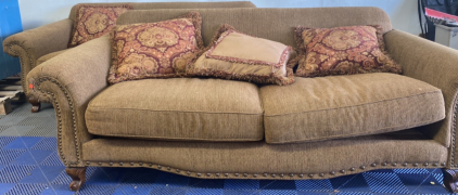 (2) Corinathan INC. Brand Brown Dark Beige Double Cushion Couches With 3 Throw Pillows (Each)