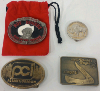 (1) Limited Edition Roy Rogers King Of Cowboys Belt Buckle (1) Imperial Double Eagle Belt Buckle (1) Buffalo Nickel Style Belt Buckle (1) PCI Albany Oregon Belt Buckle