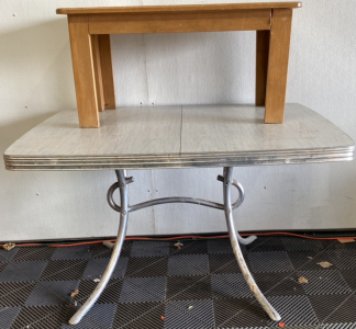 (1) Silver Metal Dining Table (1) Small Wood Coffee Table