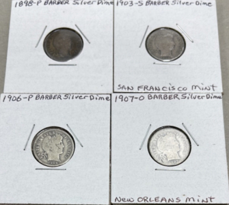 (4) Barber Silver Dimes Carded Years 1898-P, 1903-S, 1906-P, 1907-O