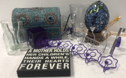 (2) Over the Door Hangers; Stained Glass Lamp; Large Vase; Purple Square Vase; Coca-Cola Set of 3; Wood &ldquo;Mother&rdquo; Sign; Treasure Chest