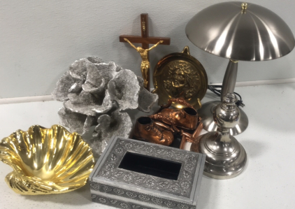 Touch Lamp; Tissue Box; Candle Stick Holder; (2) Book Ends; Decorative Shell Dish; Large Decorative Coral; Crucifix; Jesus Plate w/ Stand