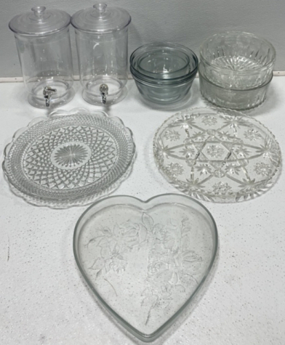 Large Glass Platters, Large Glass Bowls, (2) Plastic Drink Dispensers