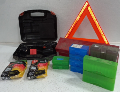 Black&Decker* 6.0 V Drill, (3) Heavy Duty Emergency Triangle, (2) Hand Warmers, (10) Ammunition Containers
