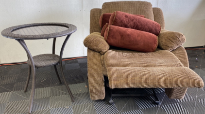 (1) Dark Tan Haining wansheng Sofa Company Sofa (1) Dark Grey 28&rdquo;x25&rdquo; Side Table, (4) Cylinder Dark Red Throw Pillows