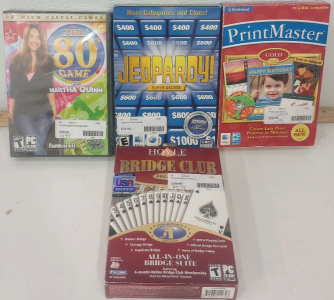 (1) The 80's Game PC Game (1) Jeopardy Super Deluxe PC Game (1) Printmaster PC Program (1) Hoyle Gaming Bridge Club PC Game