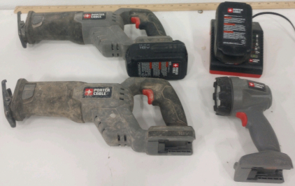 (2) Porter Cable 18v Cordless Sawzalls (1) Porter Cable rechargeable Light (1) Porter Cable Battery Charger (2) 18v Porter Cable Battery's