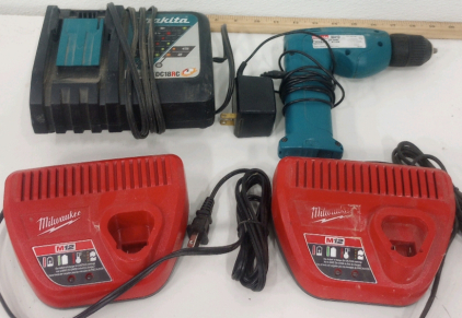 (2) Milwaukee 12v Drill Chargers (1) Makita 18v Battery Charger (1) Makita Cordless Drill With Charger