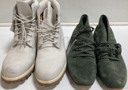 (1) Men&rsquo;s Size 12 Green Underarmor Shoes, (1) Men&rsquo;s Size 12 White Timberland Boots