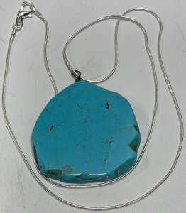 (1) 145.50ct Blue Turquoise Gemstone Freeform Slice Pendant .925 Silver Necklace
