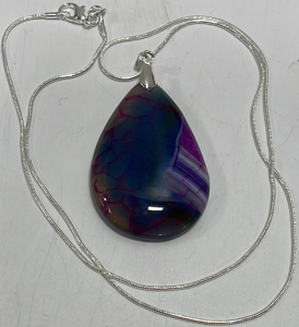 (1) 102.35ct Dragon Veins Agate Teardrop Gemstone Pendant .925 Silver Necklace