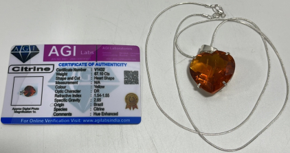 (1) 67.10ct Heart Shaped Amber Colored Citrine Pendant .925 Silver Necklace W/ COA