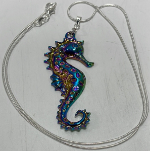 (1) Rainbow Tibetan Silver Sea Horse Pendant W/ .925 Silver Chain