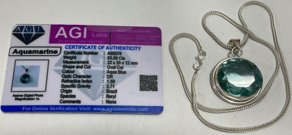 (1) 63.50ct Aqua Blue Aquamarine Pendant Necklace W/ COA