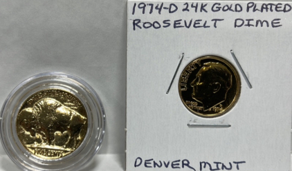 (1) 1974-D 24k Gold Plated Roosevelt Dime, (1) 1936 Gold Plated Buffalo Nickel