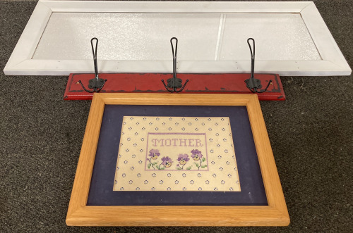 Wall Mirror, Coat Rack, And Cross Stitch Art