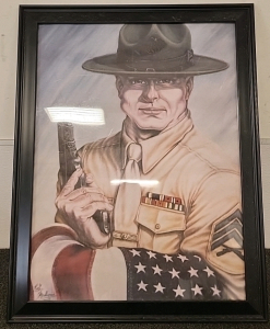 Painting of USMC Drill Instructor Holding Flag and Service Pistol