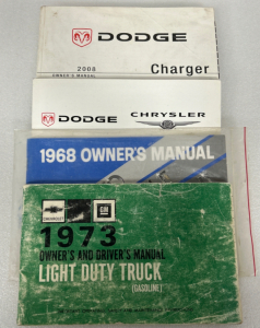 Car Manuals: 1968 Camaro/ Chevelle/ Chevy II, 1973 Chevy/ Gm Light Duty Trucks, and 2008 Dodge Charger