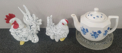 (2) Ceramic Chickens, Teapot, & Glass Ashtray