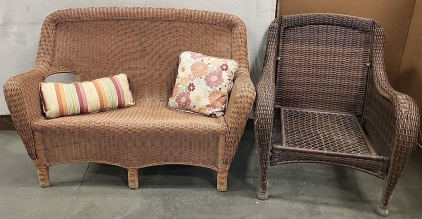 Wicker Style Chair and Bench with Throw Pillows