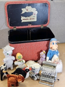 Antique Stuffed Toys & Metal Toy Cash Register, Vintage Storage Box/Stool