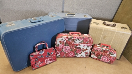 Vintage Hard Suitcases, Overnight Bag Set w/ Makeup Case